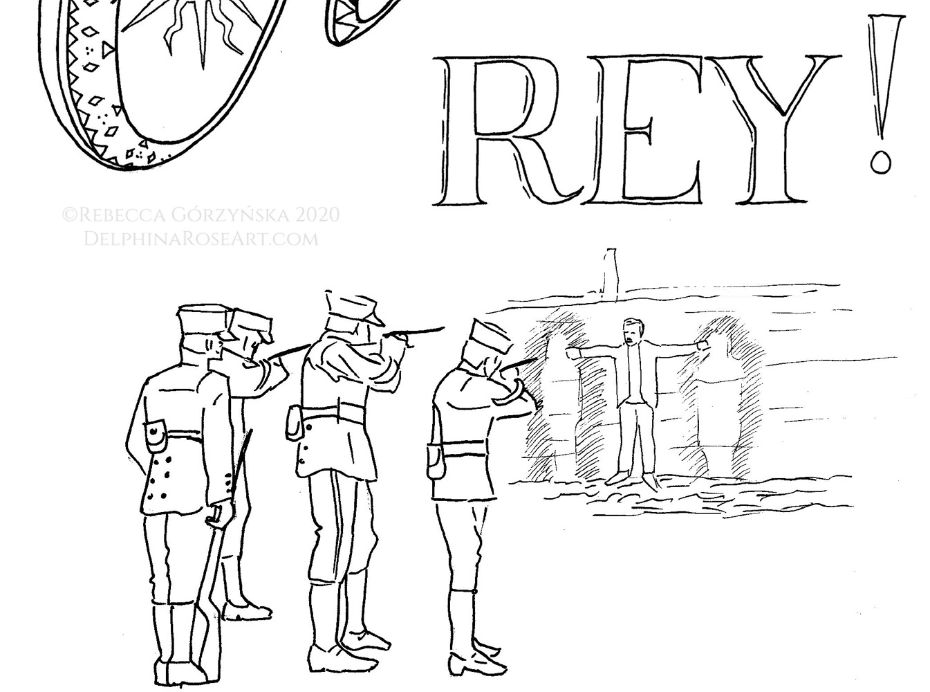 black and white line art coloring page of execution of Miguel Pro with text "Viva Cristo Rey" in large letters
