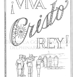 black and white line art coloring page of execution of Miguel Pro with text "Viva Cristo Rey" in large letters