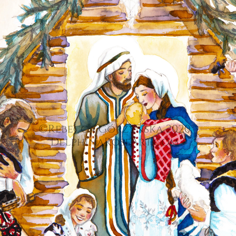 Adoration of the Shepherds print detail showing Jesus, Mary, and Joseph