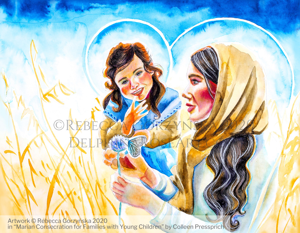 "St. Anne and the child Mary" Illustration copyright Rebecca Gorzynska 2020. For "Marian Consecration for Families with Young Children" by Colleen Pressprich.