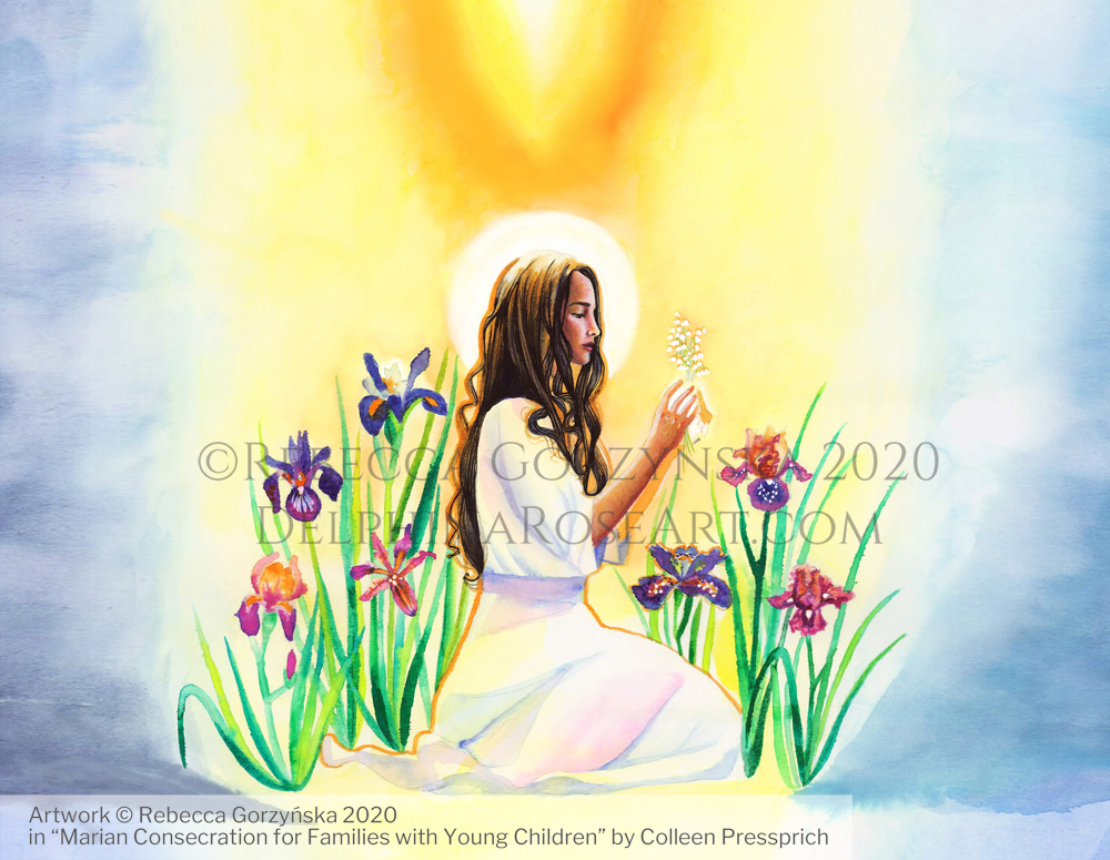 "The Incarnation" Illustration copyright Rebecca Gorzynska 2020. For "Marian Consecration for Families with Young Children" by Colleen Pressprich.