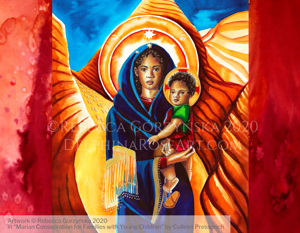 "Perpetual Help" Illustration copyright Rebecca Gorzynska 2020. For "Marian Consecration for Families with Young Children" by Colleen Pressprich.