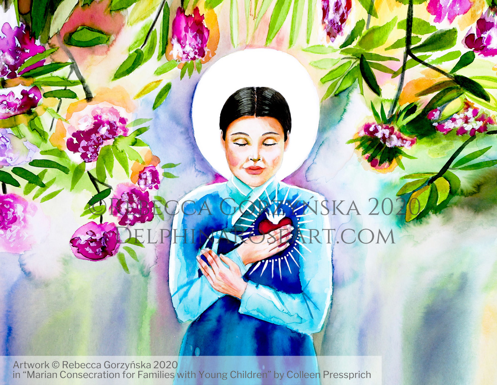 "Immaculate Conception - Our Lady of Korea" Illustration copyright Rebecca Gorzynska 2020. For "Marian Consecration for Families with Young Children" by Colleen Pressprich.