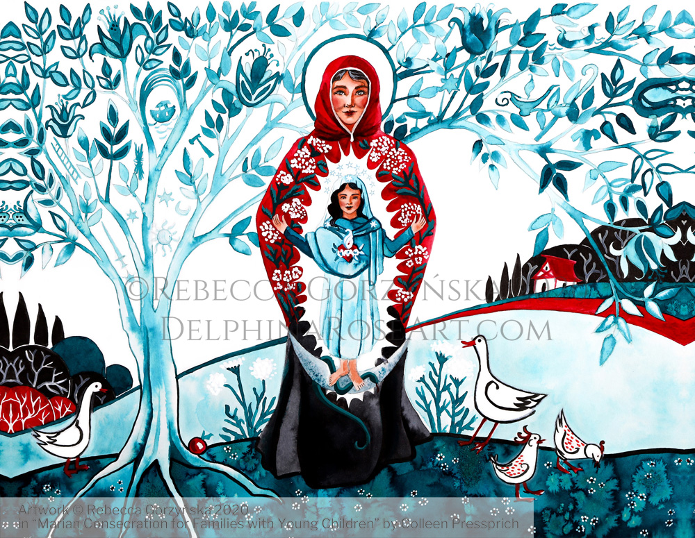 "St. Anne and the Immaculate Conception" Illustration copyright Rebecca Gorzynska 2020. For "Marian Consecration for Families with Young Children" by Colleen Pressprich.