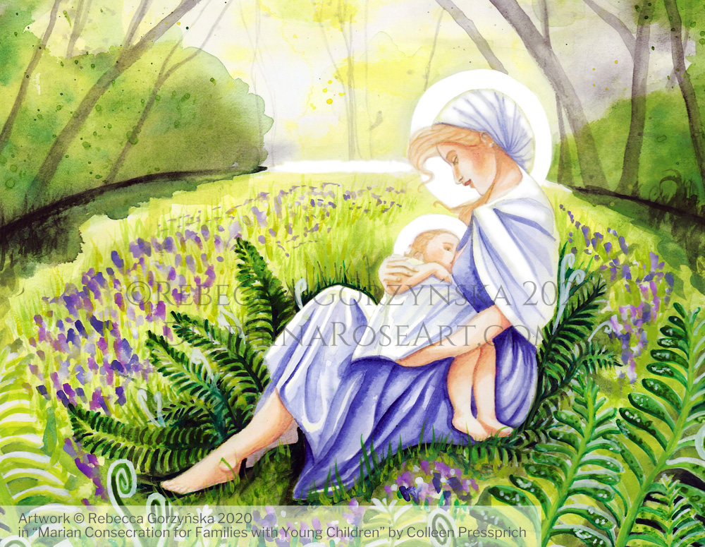 "Our Lady of La Leche" Illustration copyright Rebecca Gorzynska 2020. For "Marian Consecration for Families with Young Children" by Colleen Pressprich.