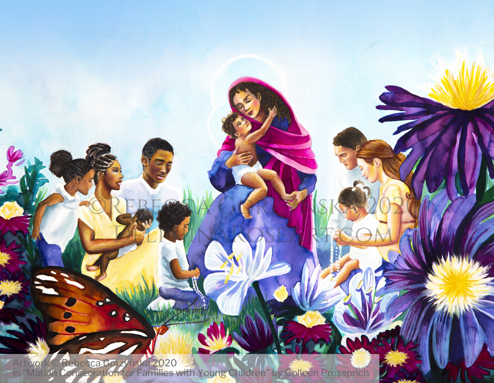 "Sweet Mother" Illustration copyright Rebecca Gorzynska 2020. For "Marian Consecration for Families with Young Children" by Colleen Pressprich.