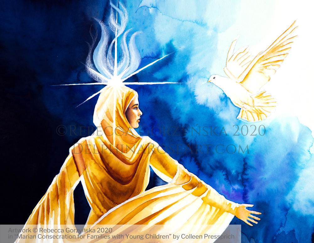 "The Descent of the Holy Spirit"Illustration copyright Rebecca Gorzynska 2020. For "Marian Consecration for Families with Young Children" by Colleen Pressprich.