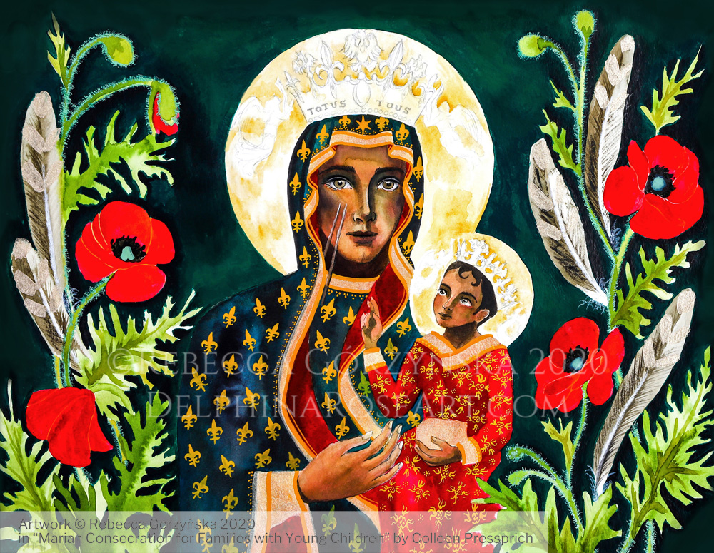 "Our Lady of Czestochowa" Illustration copyright Rebecca Gorzynska 2020. For "Marian Consecration for Families with Young Children" by Colleen Pressprich.