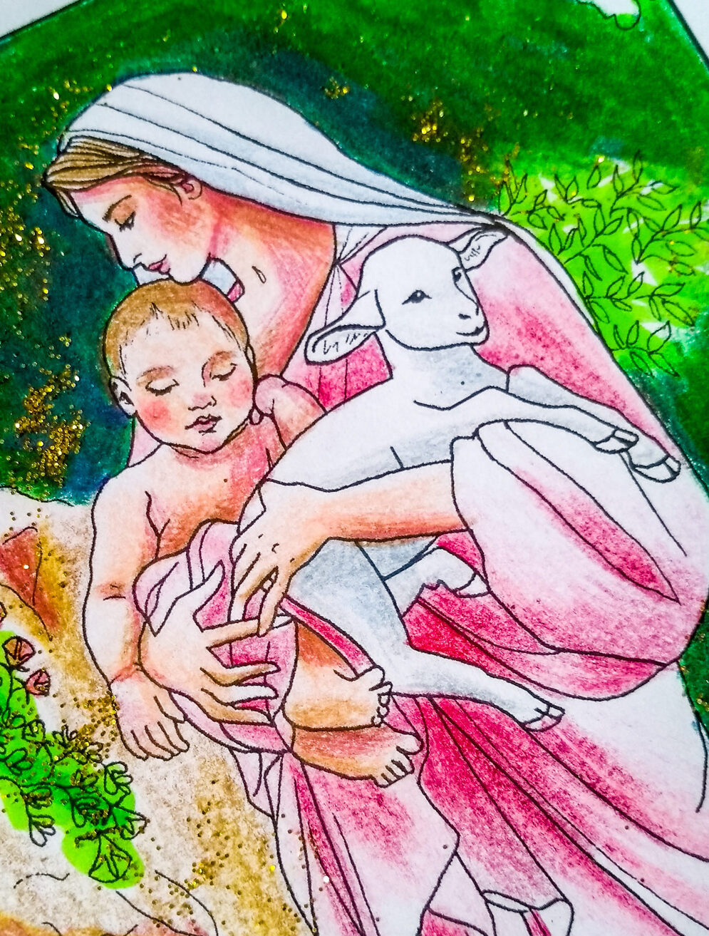 coloring page line art of Bouguereau L'innocence - Madonna and Child holding lamb