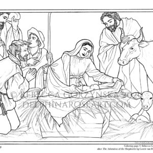 Coloring page by Rebecca Gorzynska of The Adoration of the Shepherds by Gerrit van Honthorst, 1622 delphinaroseart.com