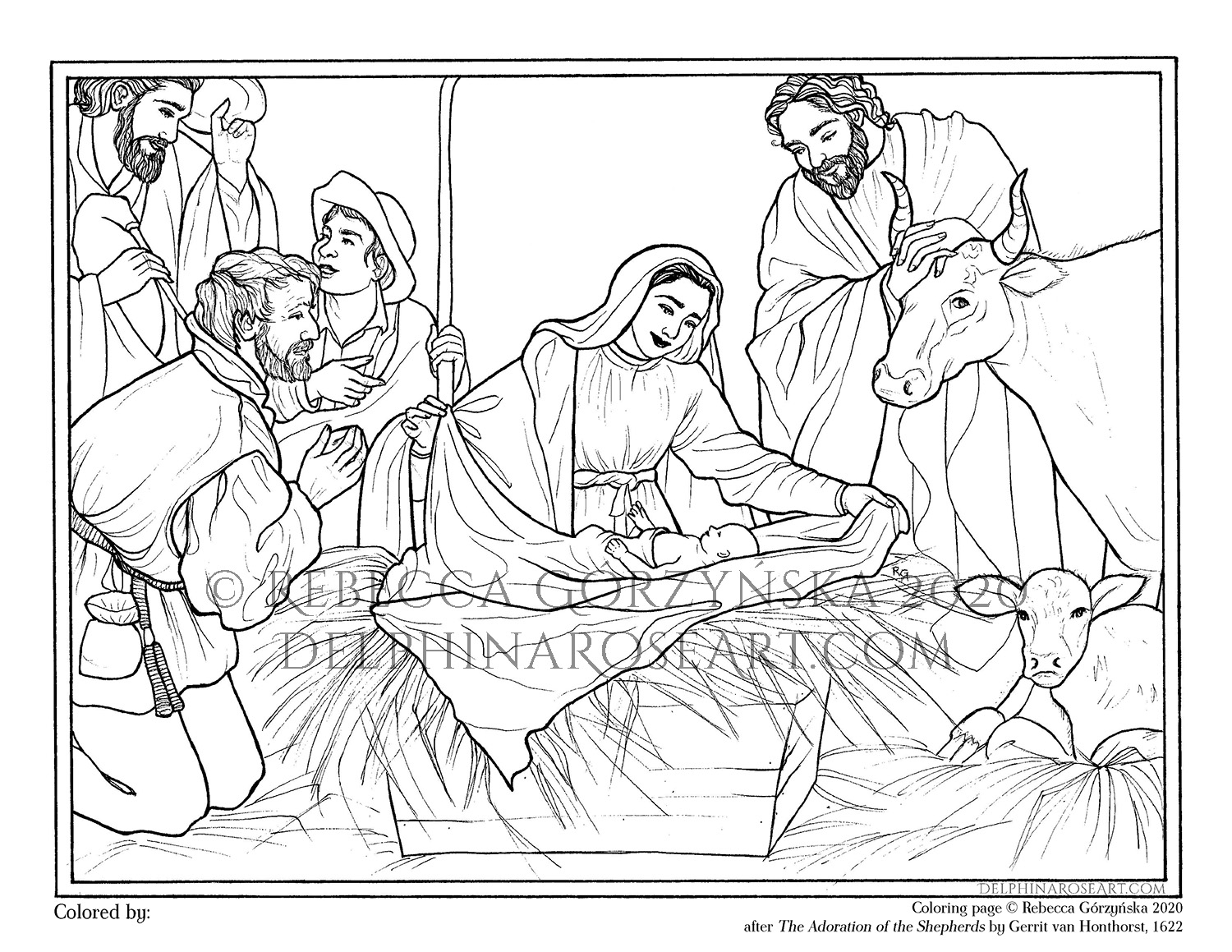 Coloring page by Rebecca Gorzynska of The Adoration of the Shepherds by Gerrit van Honthorst, 1622 delphinaroseart.com