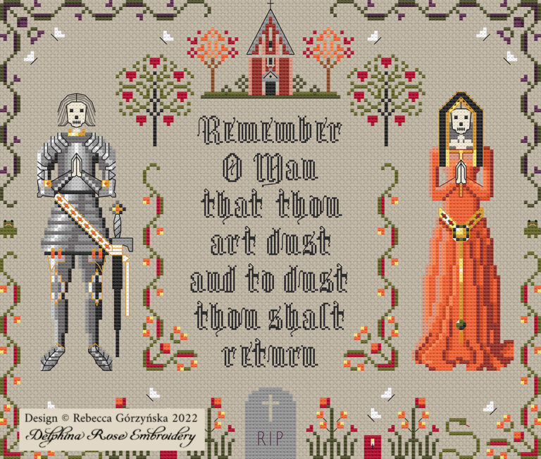 Cross stitch on a light mocha background, featuring a medieval skeleton knight on the left, a skeleton lady in an orange dress on the right, a brick church at the top, a border with frogs, snakes, candles, and a tombstone. Center text of the sampler reads "Remember O Man that thou art dust and to dust thou shalt return"