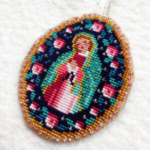Our Lady of Guadalupe Catholic cross stitch ornament designed by Rebecca Gorzynska Delphina Rose Embroidery
