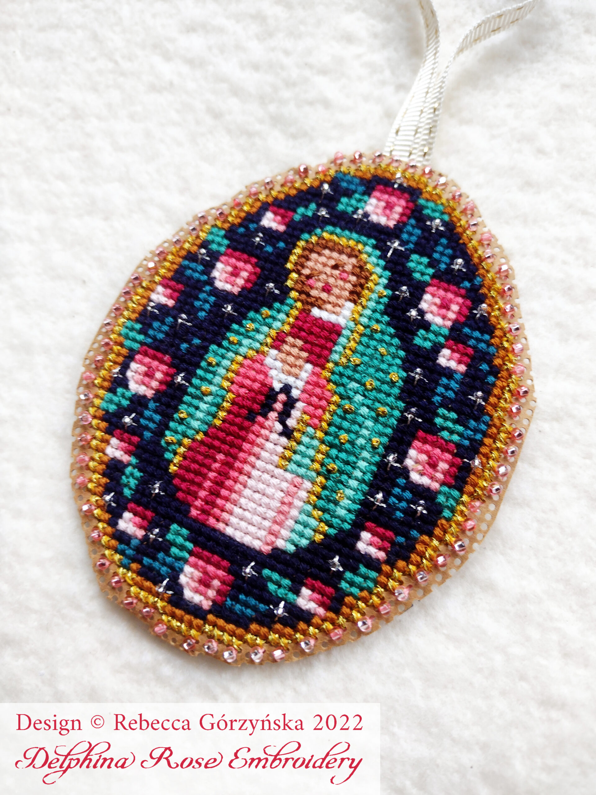 Our Lady of Guadalupe Catholic cross stitch ornament designed by Rebecca Gorzynska Delphina Rose Embroidery
