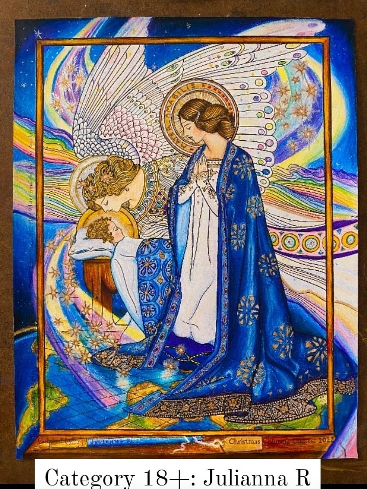 Colored by Julianna R, coloring page of Madonna and Child and angel based on Mater Amabilis by Ezio Anichini. Delphina Rose Art's Christmas Coloring Contest 2022