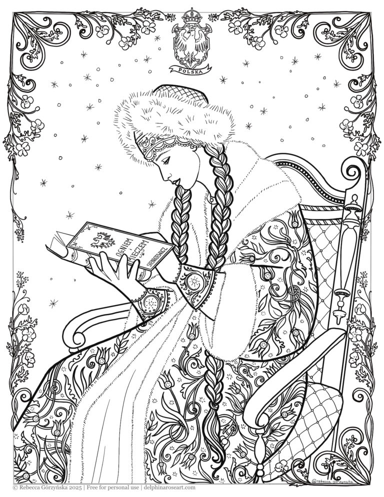 Coloring page of a beautiful Polish lady wearing a fur hat and coat, reading a book. The coloring page has a floral border and the Polish crest at the top center. Text at bottom reads "Copyright Rebecca Gorzynska 2025, free for personal use, delphinaroseart.com"