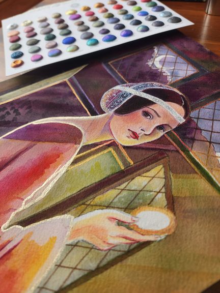A watercolor painting by Rebecca Gorzynska, inspired by "The Unicorn Hunters" by Katherine Arden, shown at an angle with a metallic watercolor palette in the background. A dark-haired woman wears a white hairnet and a white and silver fillet, looking at the viewer while holding a small gold mirror in front of windows. The lighting is split diagonally: a night moonlit scene in the top left, and a sunny day scene in the bottom right.